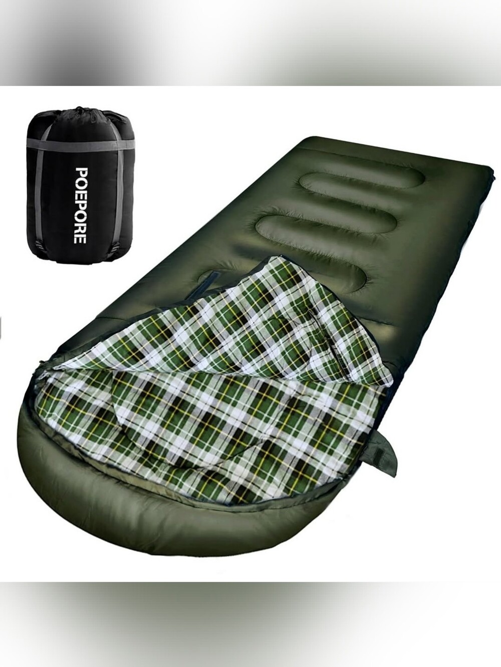 Poedpore Olive Green Plaid Lined Sleeping Bag Blanket